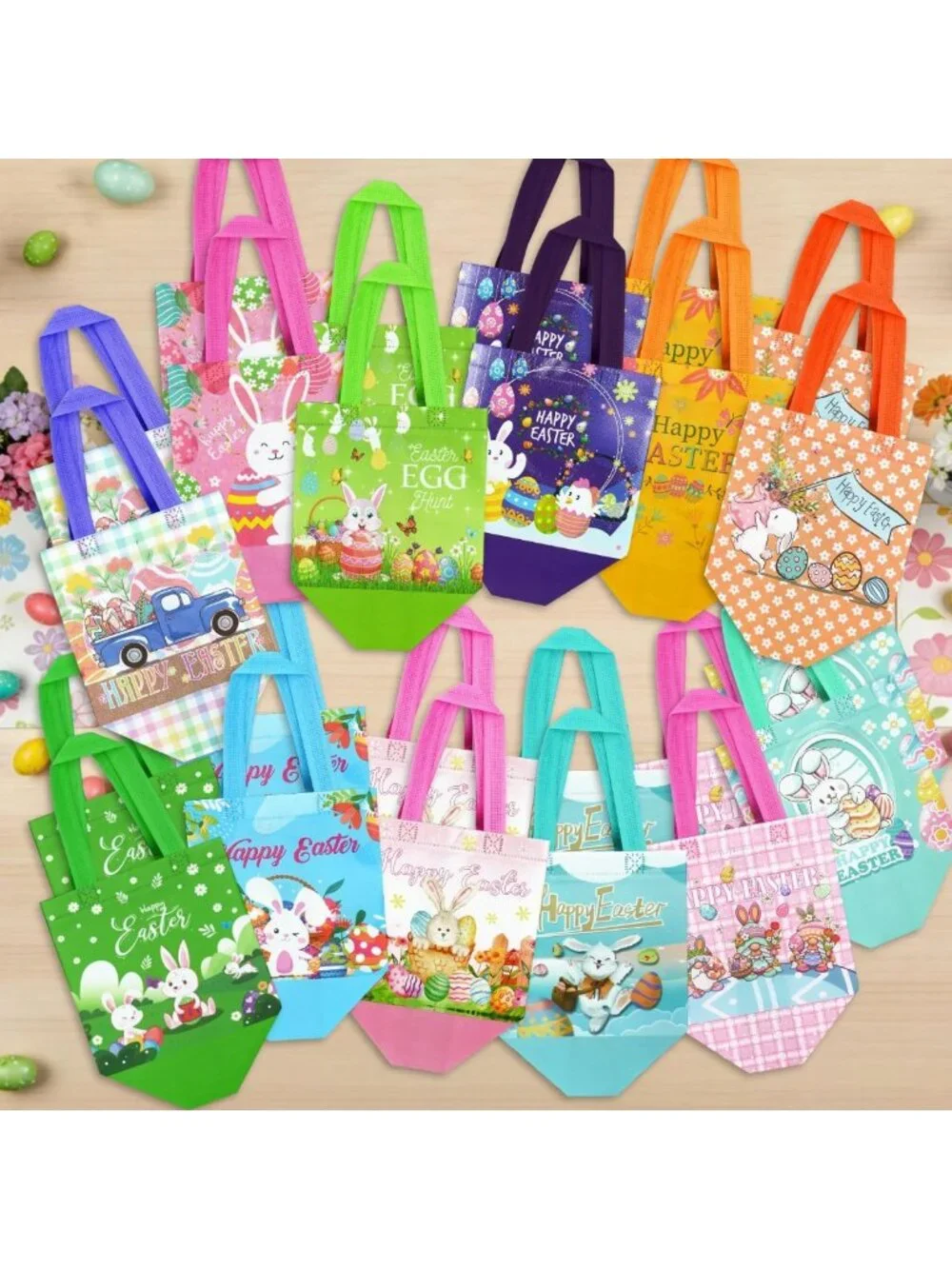 24 Pack Large Easter Gift Bags with Handles - Reusable Egg Hunt Baskets & Party